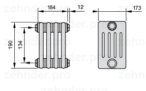 Схема (чертеж) Радиатор Zehnder Charleston 5019/4 №1270 Белый глянцевый RAL 9016